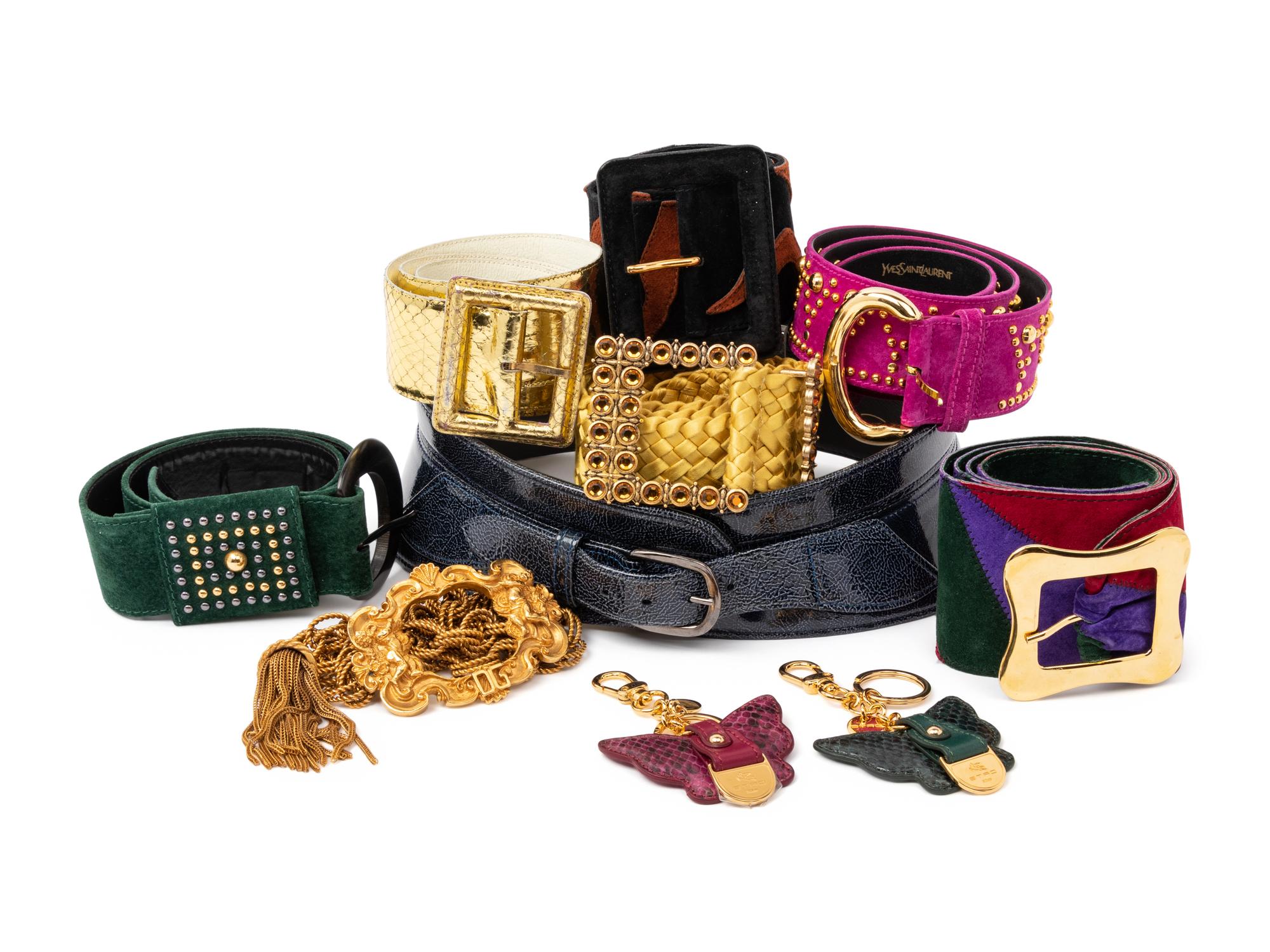 Eight Designer Belts by YSL, Oscar de la Renta, Bob Mackie and Two Etro Butterfly Keychains