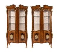A Pair of Louis XV Style Gilt Bronze Mounted Tulipwood Vitrine Cabinets