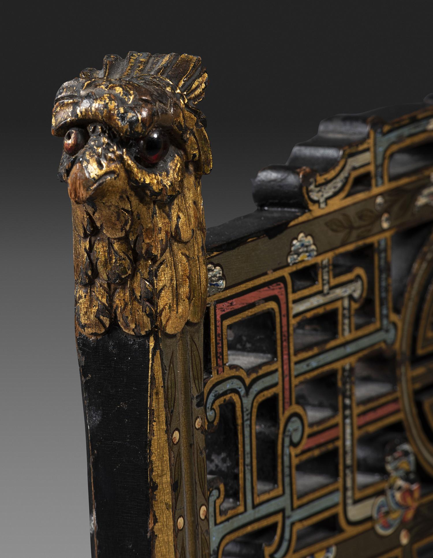 An Aesthetic Movement Painted, Parcel Gilt and Ebonized Bird-Carved Side Chair