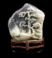 A Large Black and White Jade Boulder Height 8 1/4 inches. — 20TH CENTURY