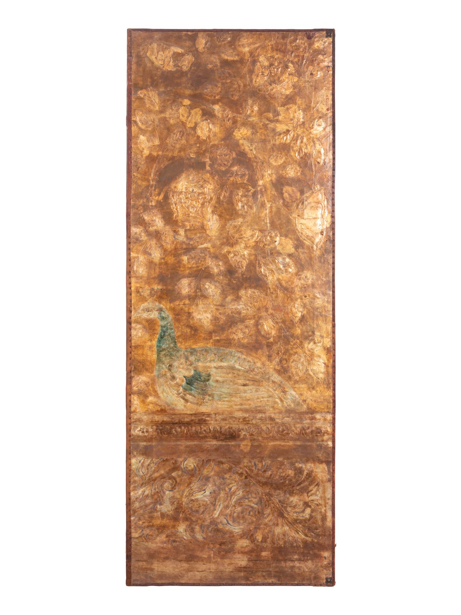 A Silver and Gilt Decorated Leather Four-Panel Screen