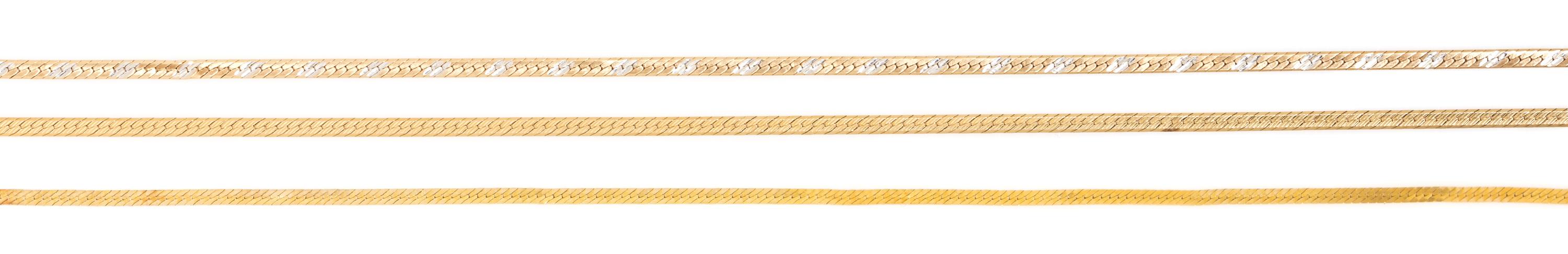 A Collection of 14 Karat Gold Herringbone Chain Necklaces, 15.50 dwts.