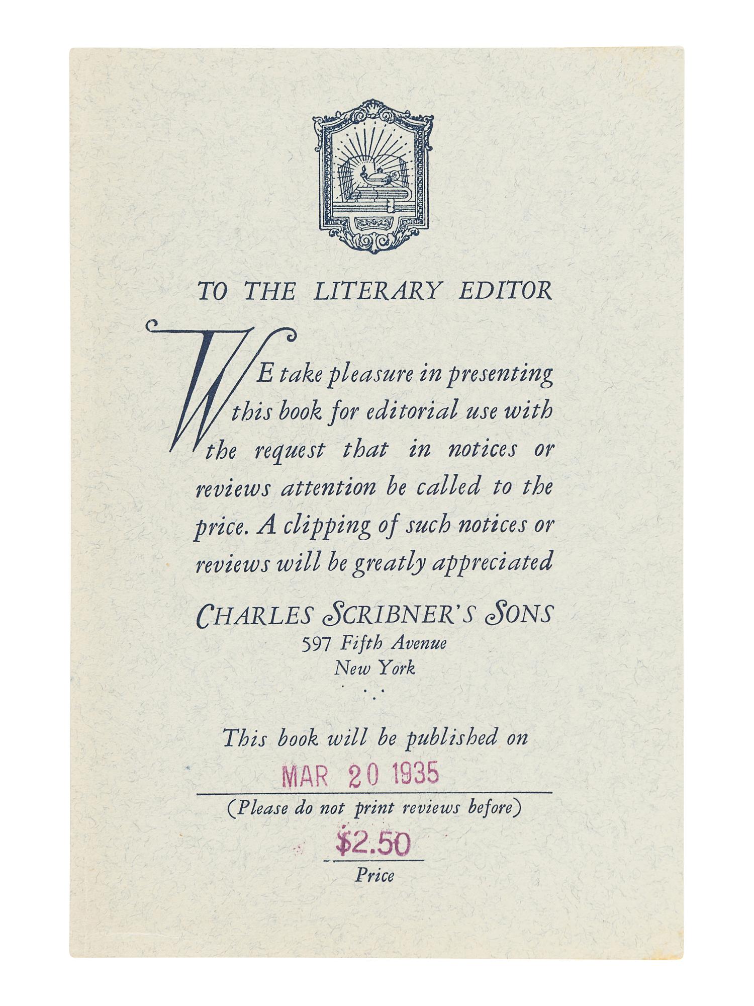 FITZGERALD, F. Scott (1896-1940). Taps at Reveille. New York: Scribner's, 1935.