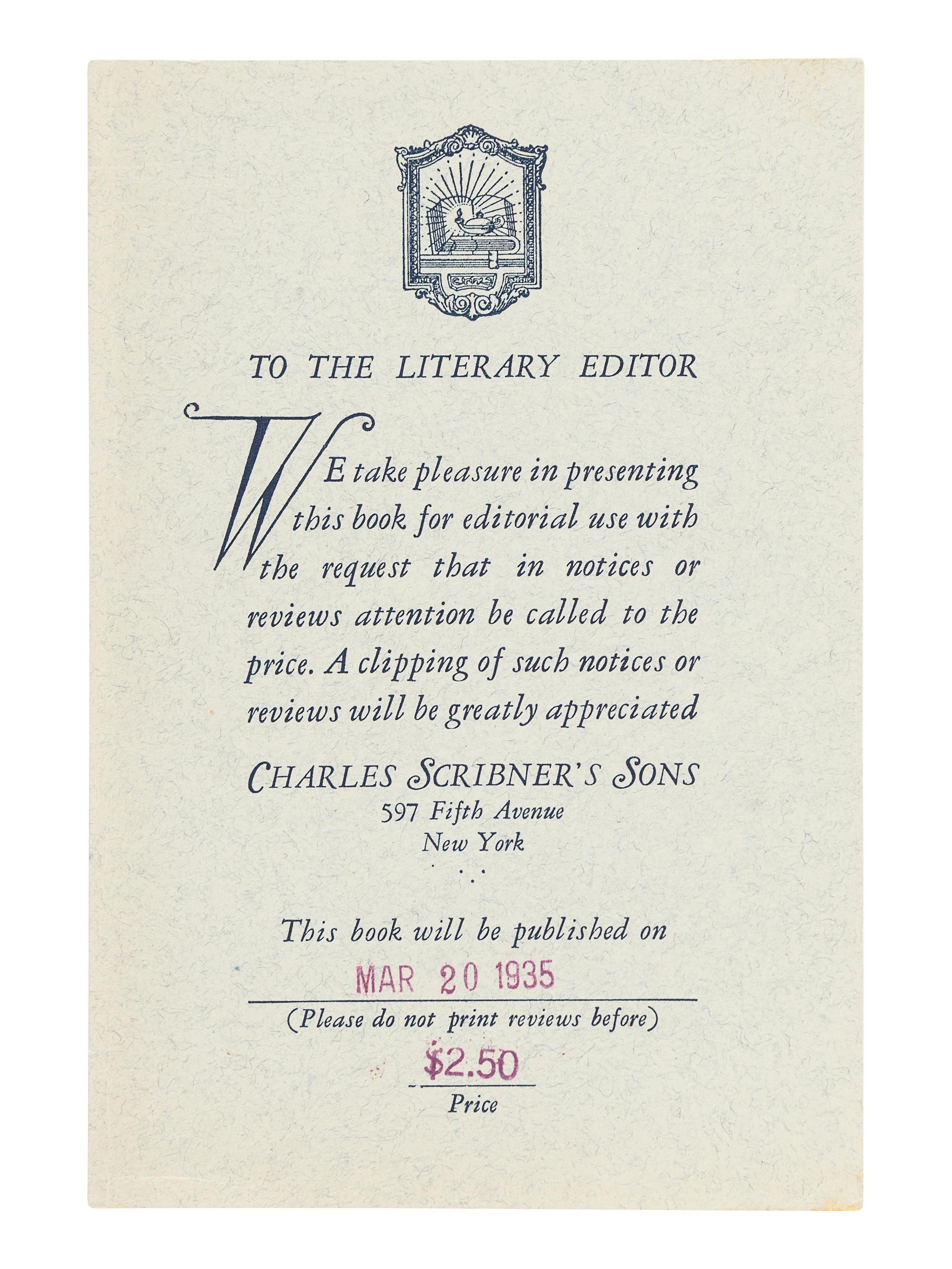 FITZGERALD, F. Scott (1896-1940). Taps at Reveille. New York: Scribner's, 1935.