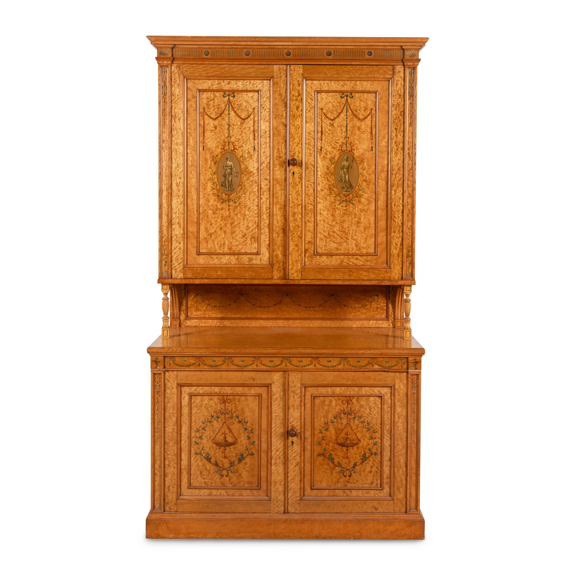 A Fine Edwardian Satinwood and Polychrome Painted Two-Part Serving Cabinet