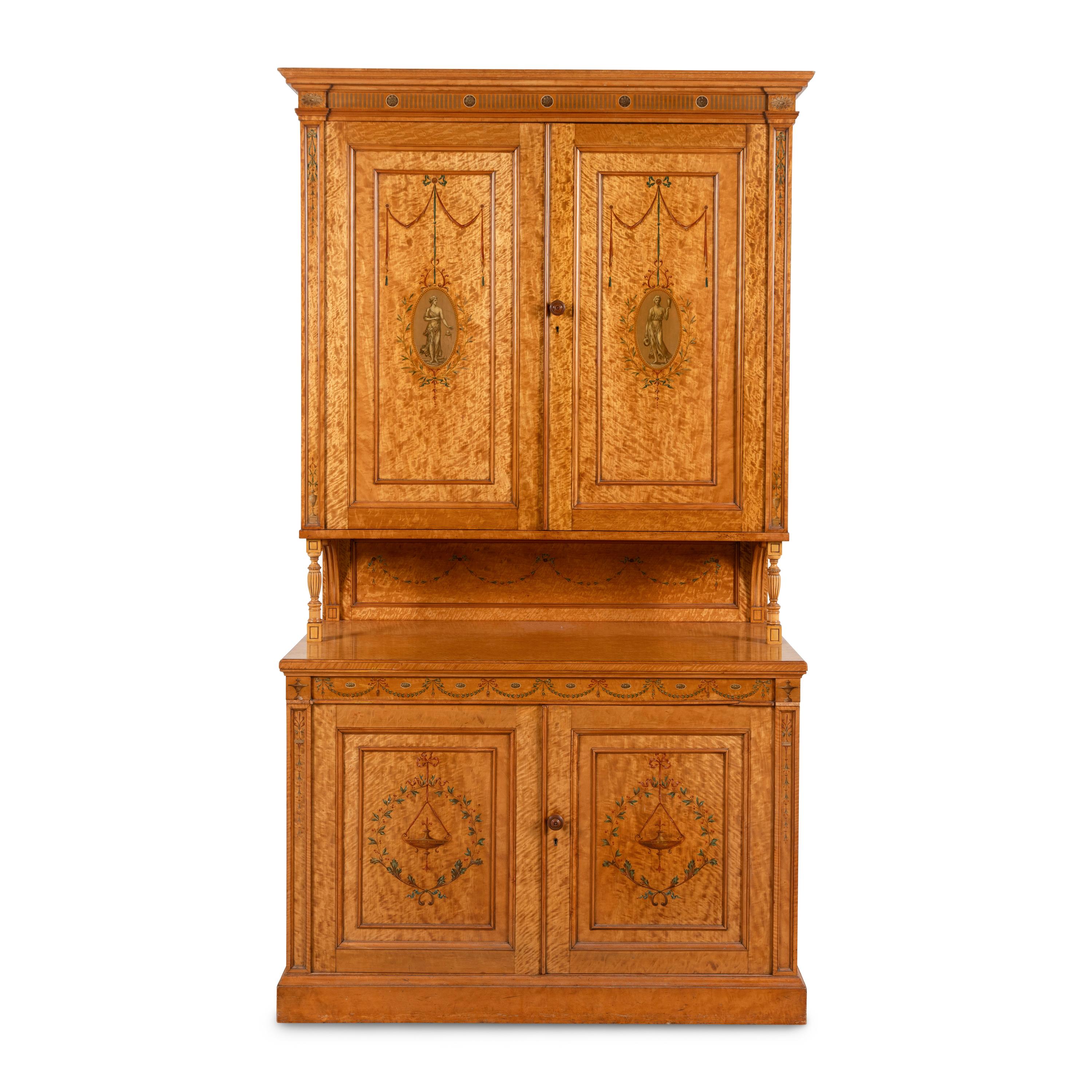 A Fine Edwardian Satinwood and Polychrome Painted Two-Part Serving Cabinet