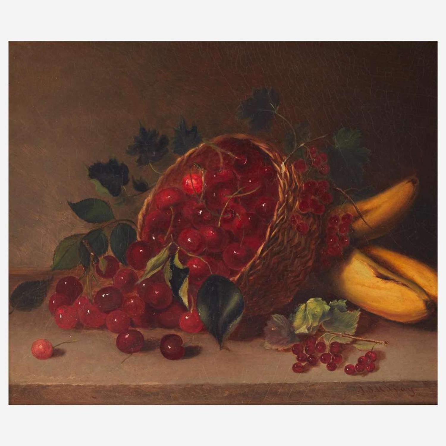 Andrew John Henry Way (American, 1826–1888) Still Life with Bananas and Cherries in an Overturned Basket on Tabletop