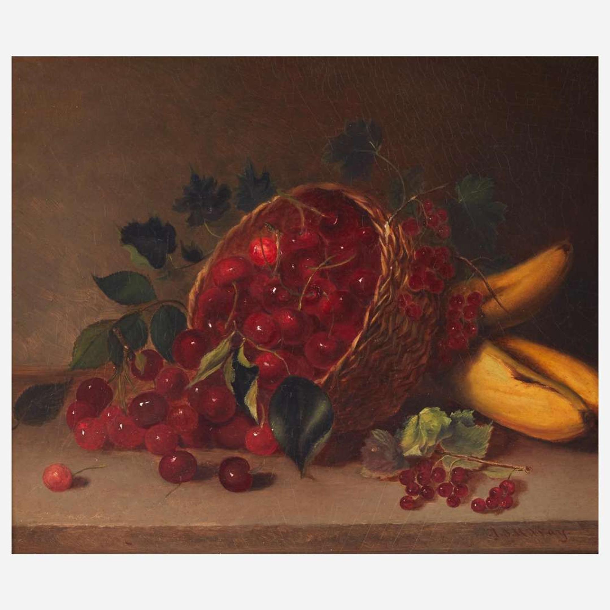 Andrew John Henry Way (American, 1826–1888) Still Life with Bananas and Cherries in an Overturned Basket on Tabletop
