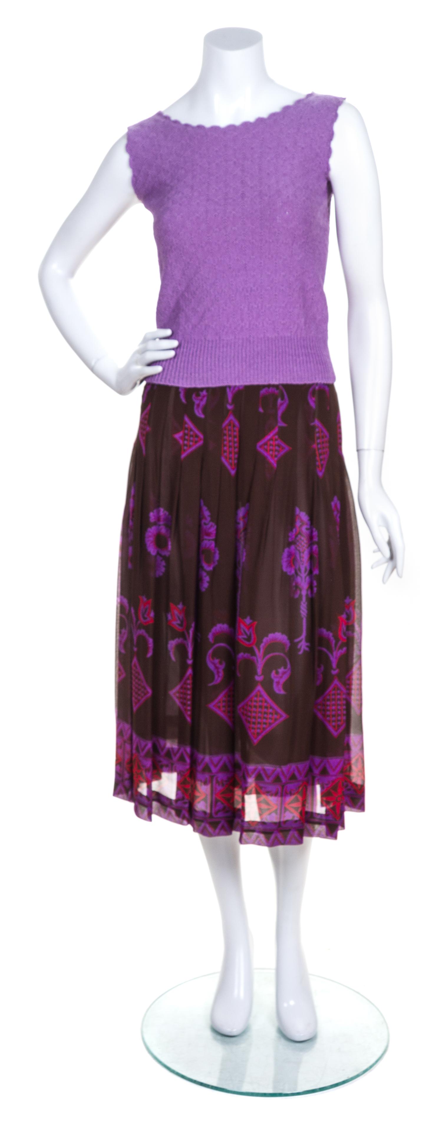 An Adolfo Purple and Brown Patterned Skirt Ensemble,