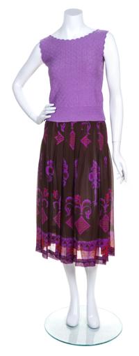 An Adolfo Purple and Brown Patterned Skirt Ensemble,