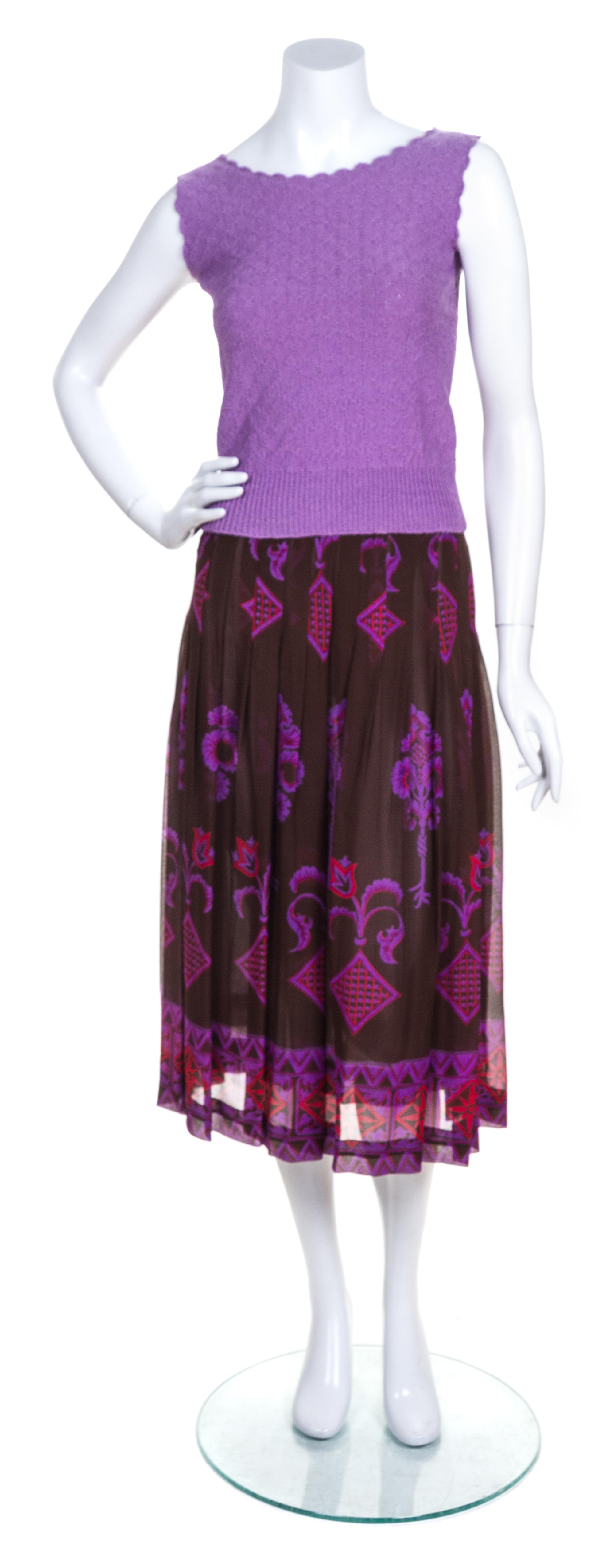 An Adolfo Purple and Brown Patterned Skirt Ensemble,
