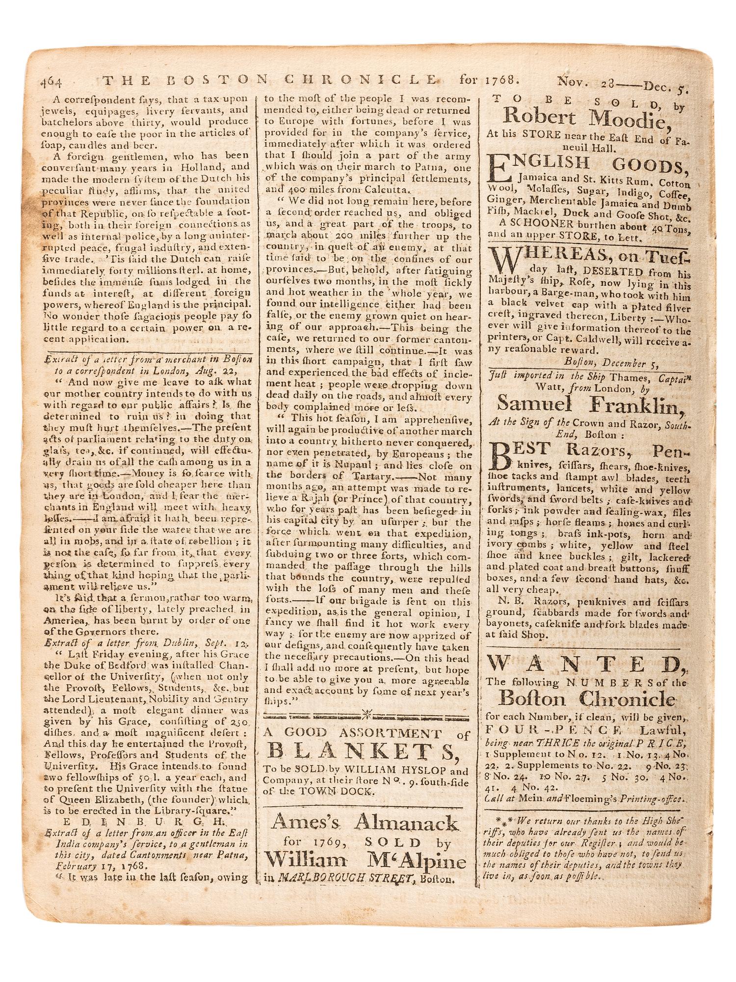 [PRE-REVOLUTIONARY WAR]. The Boston Chronicle . Vol. I, No. 51. Boston, MA: Mein and Fleeming, 5 December 1768.