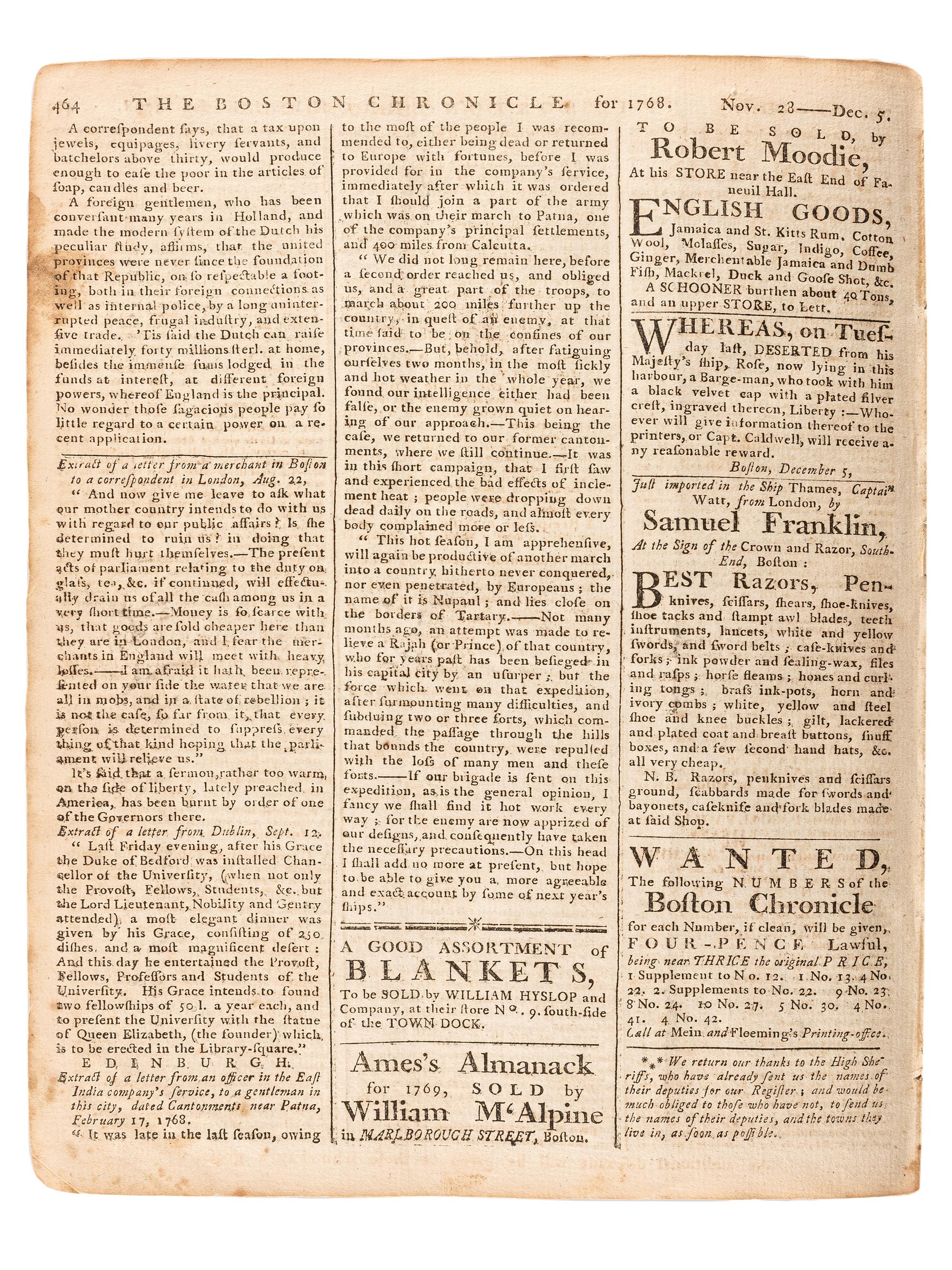 [PRE-REVOLUTIONARY WAR]. The Boston Chronicle . Vol. I, No. 51. Boston, MA: Mein and Fleeming, 5 December 1768.