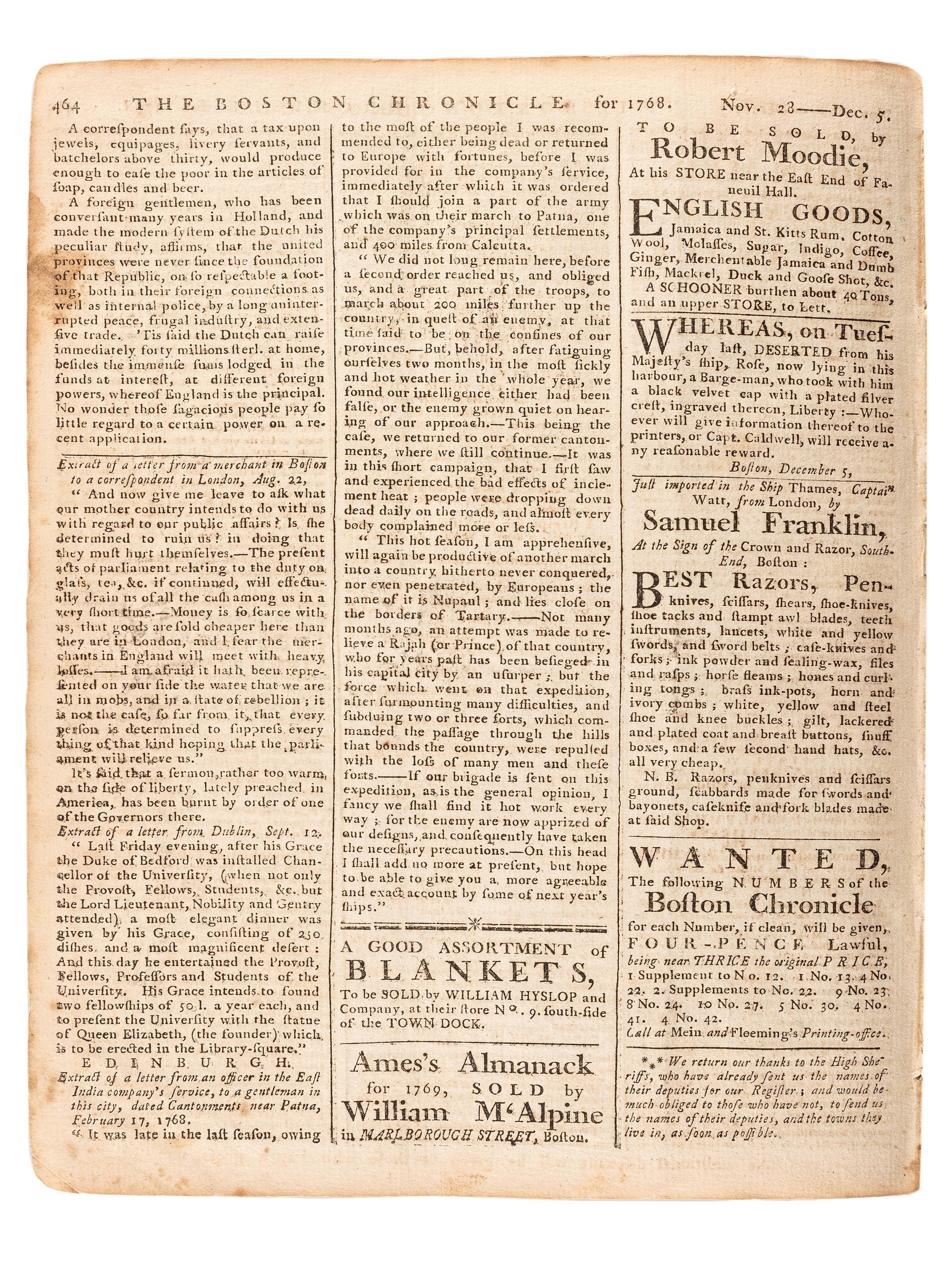 [PRE-REVOLUTIONARY WAR]. The Boston Chronicle . Vol. I, No. 51. Boston, MA: Mein and Fleeming, 5 December 1768.
