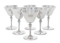 A Set of Six American Silver Cordial Stems, Tiffany & Co., New York, NY, Circa 1925, each having a conical cup with an engraved script