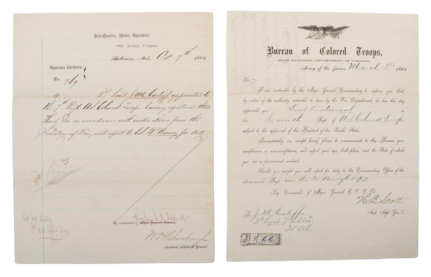 [CIVIL WAR]. A group of 9 documents related to the 7th US Colored Troops including muster rolls and appointments for 2nd Lieutenant Joseph M. Califf.