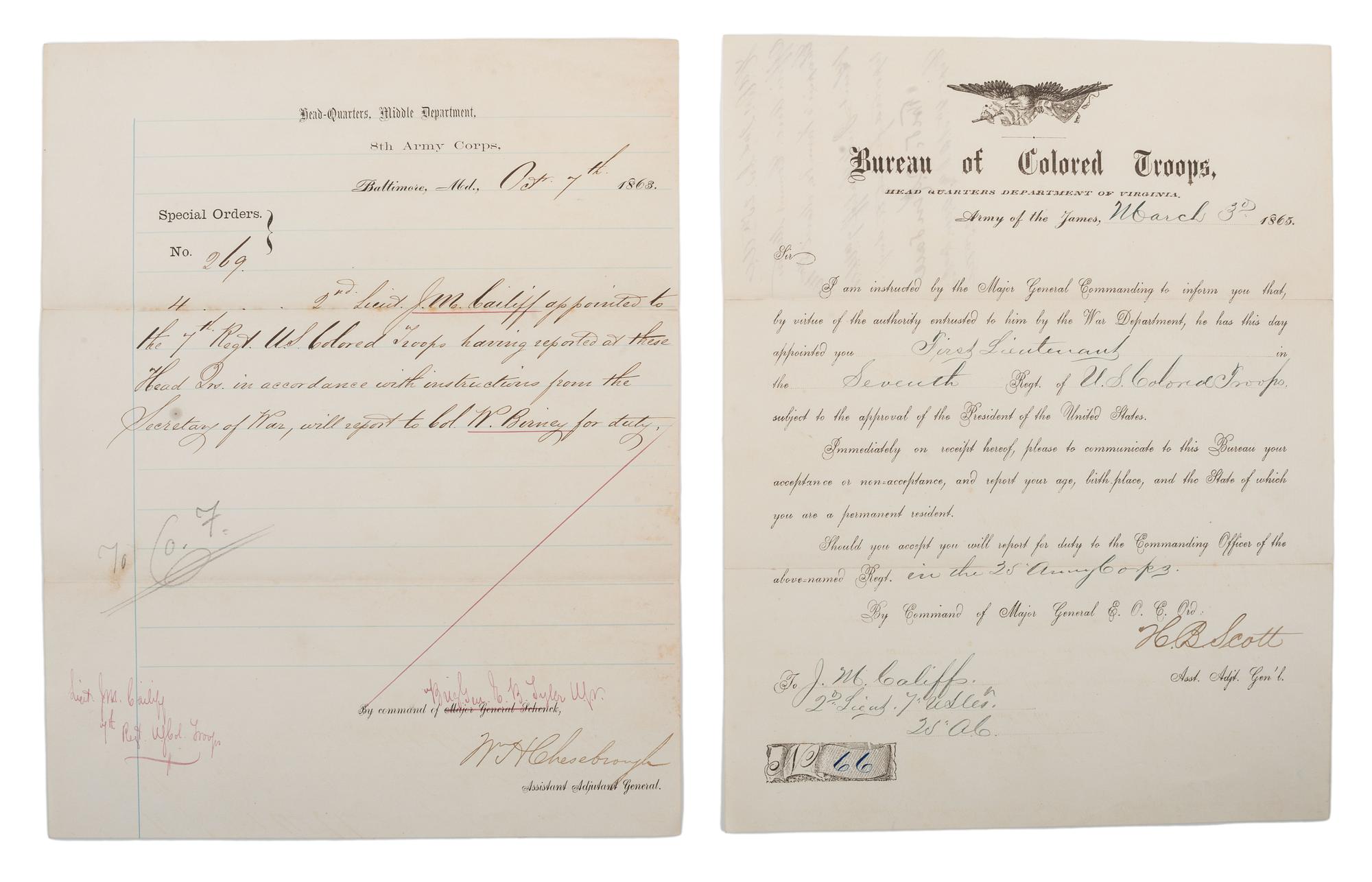 [CIVIL WAR]. A group of 9 documents related to the 7th US Colored Troops including muster rolls and appointments for 2nd Lieutenant Joseph M. Califf.