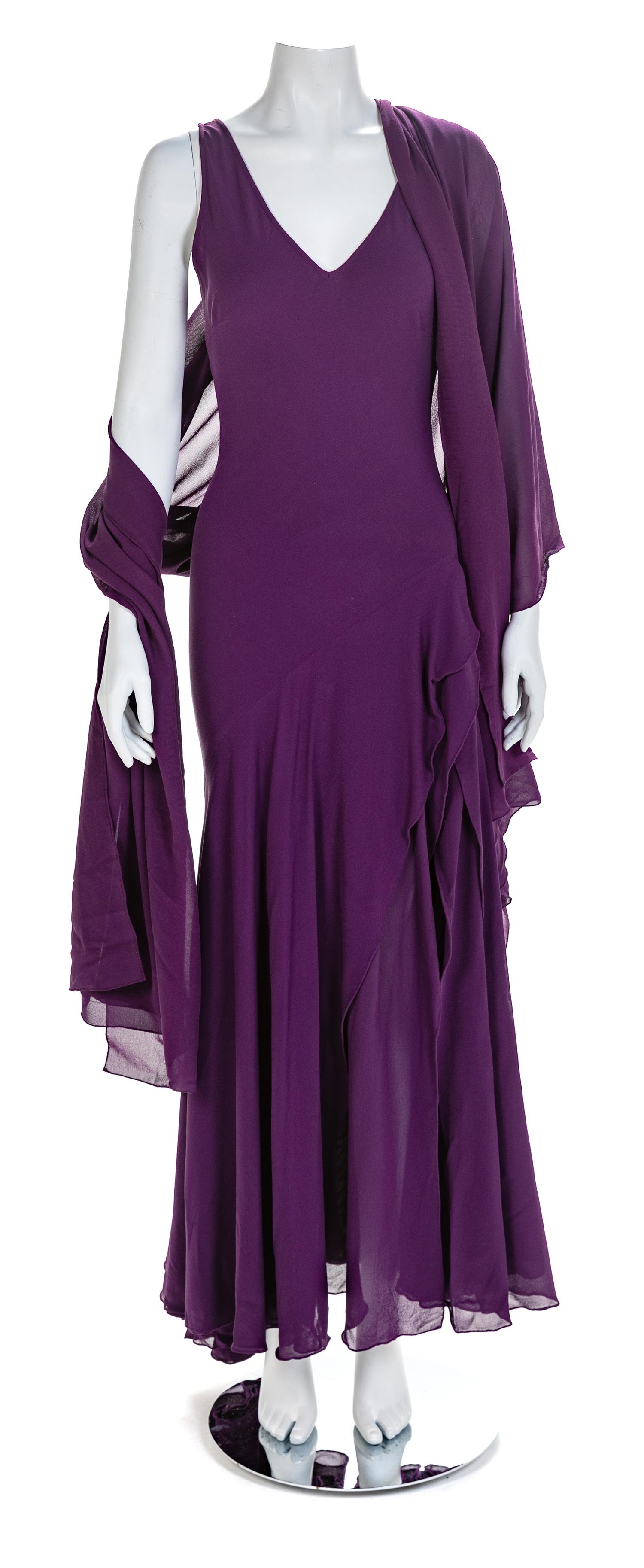 Atelier Versace Purple Bias-Cut Evening Dress with Shawl, 1990s No size label