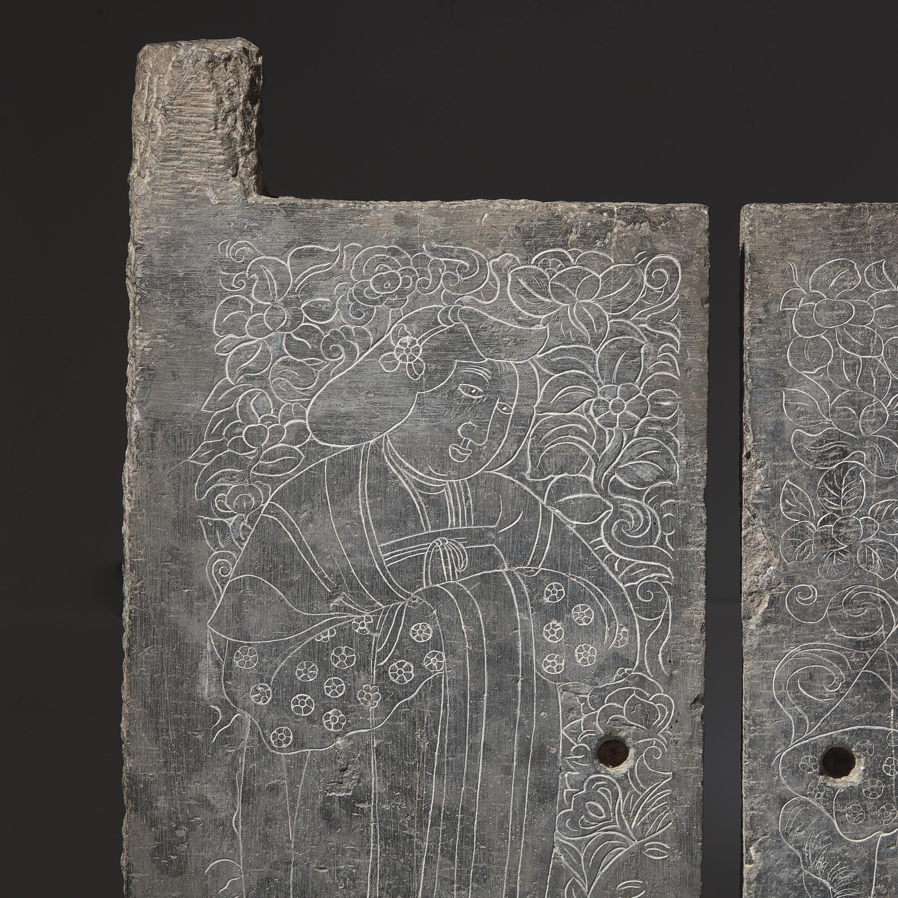 A Pair of Large Chinese Engraved 'Ladies' Tombs Doors, Mid Tang Dynasty — 盛唐 綫刻仕女圖青石墓門一對
