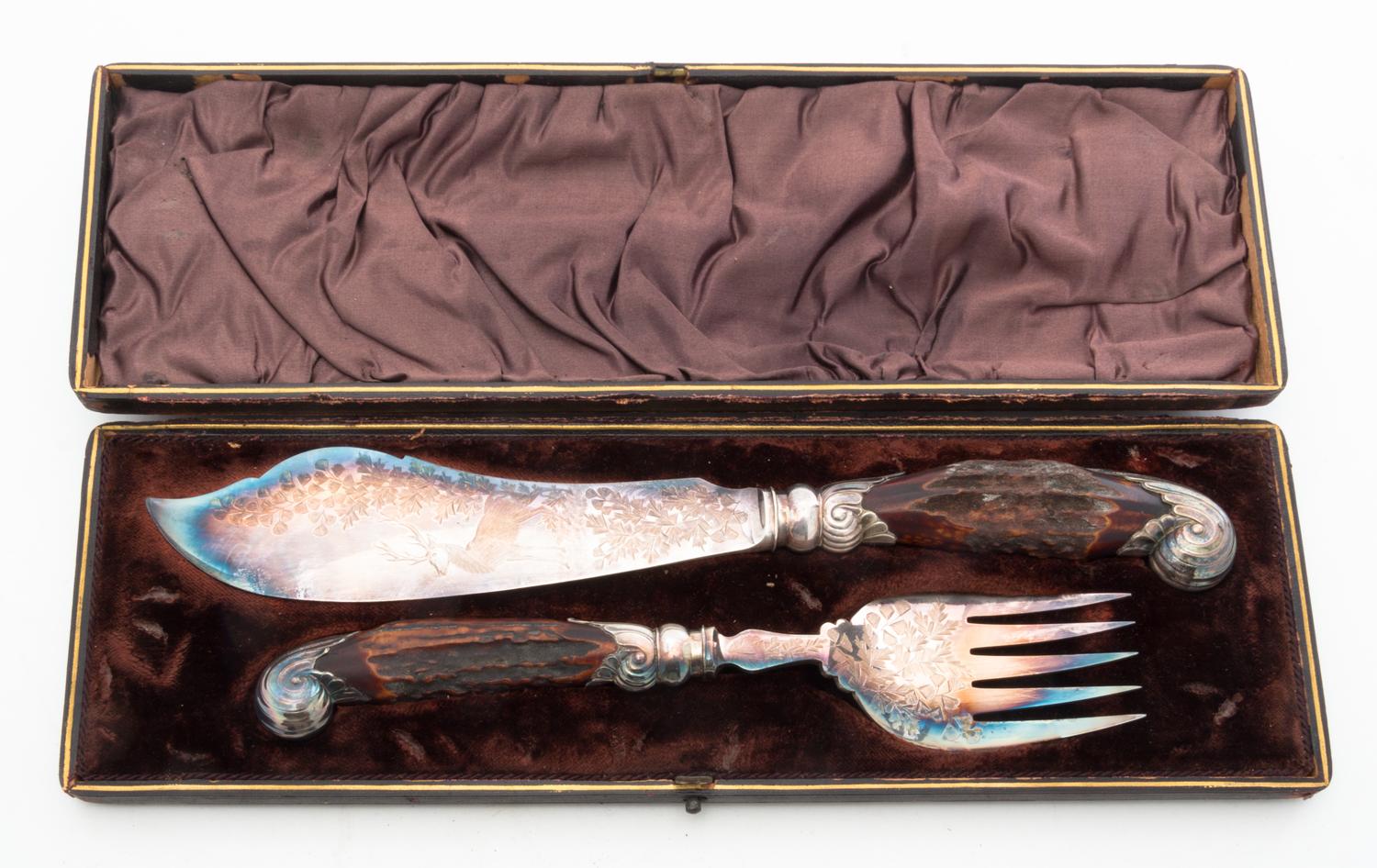 A Victorian Silver-plate Antler Handled Carving Set Length of first knife 13 1/4 inches. — 19TH CENTURY
