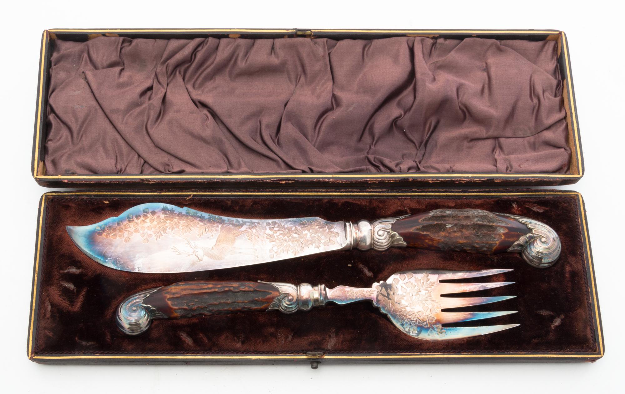 A Victorian Silver-plate Antler Handled Carving Set Length of first knife 13 1/4 inches. — 19TH CENTURY