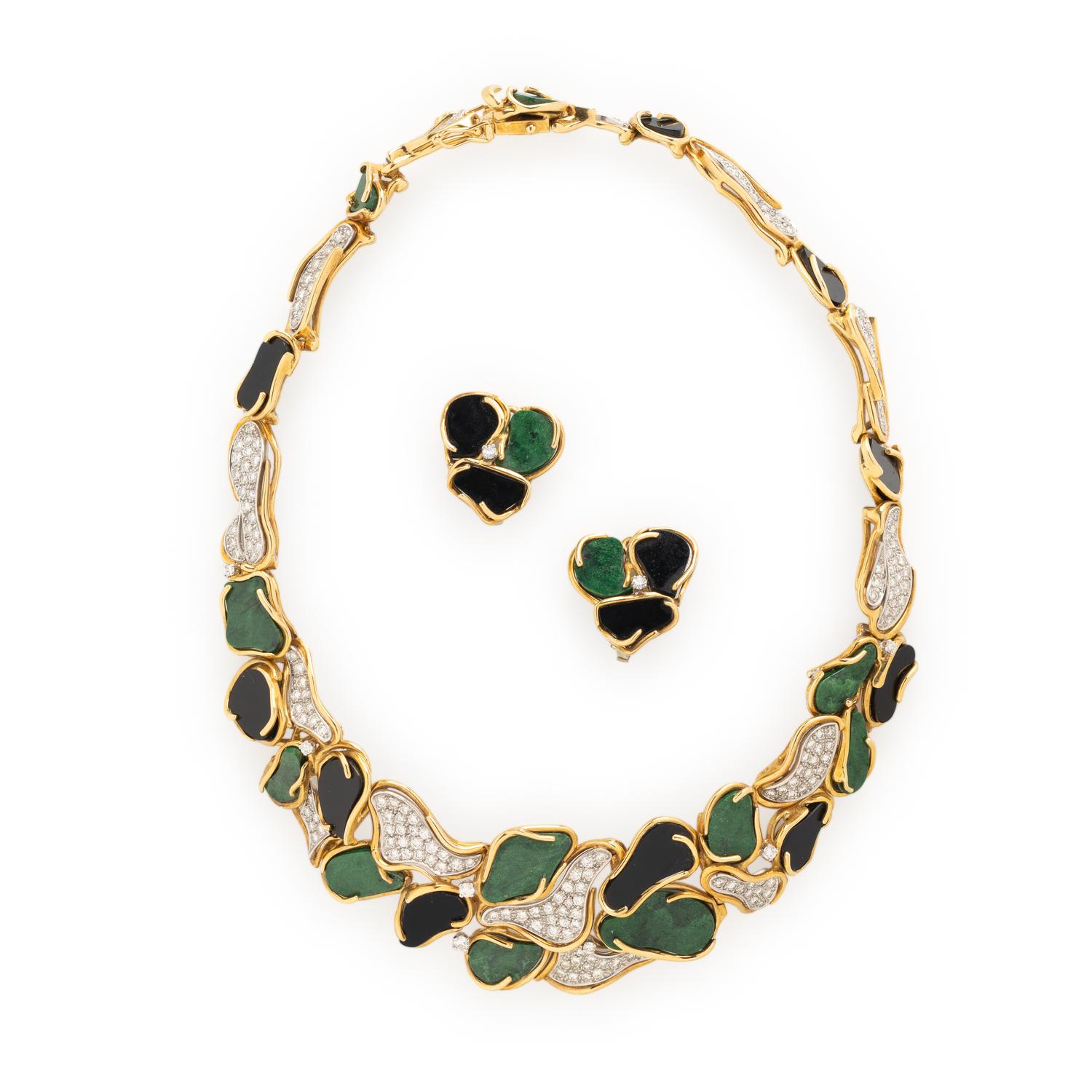 JULIA PLANA, DIAMOND, MAW-SIT-SIT, ONYX, AND YELLOW GOLD NECKLACE AND EARRINGS SET