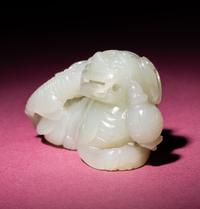 A Chinese Pale Celadon Jade Group of Fu Lions, Qing Dynasty — 清 青白玉太獅少獅把件