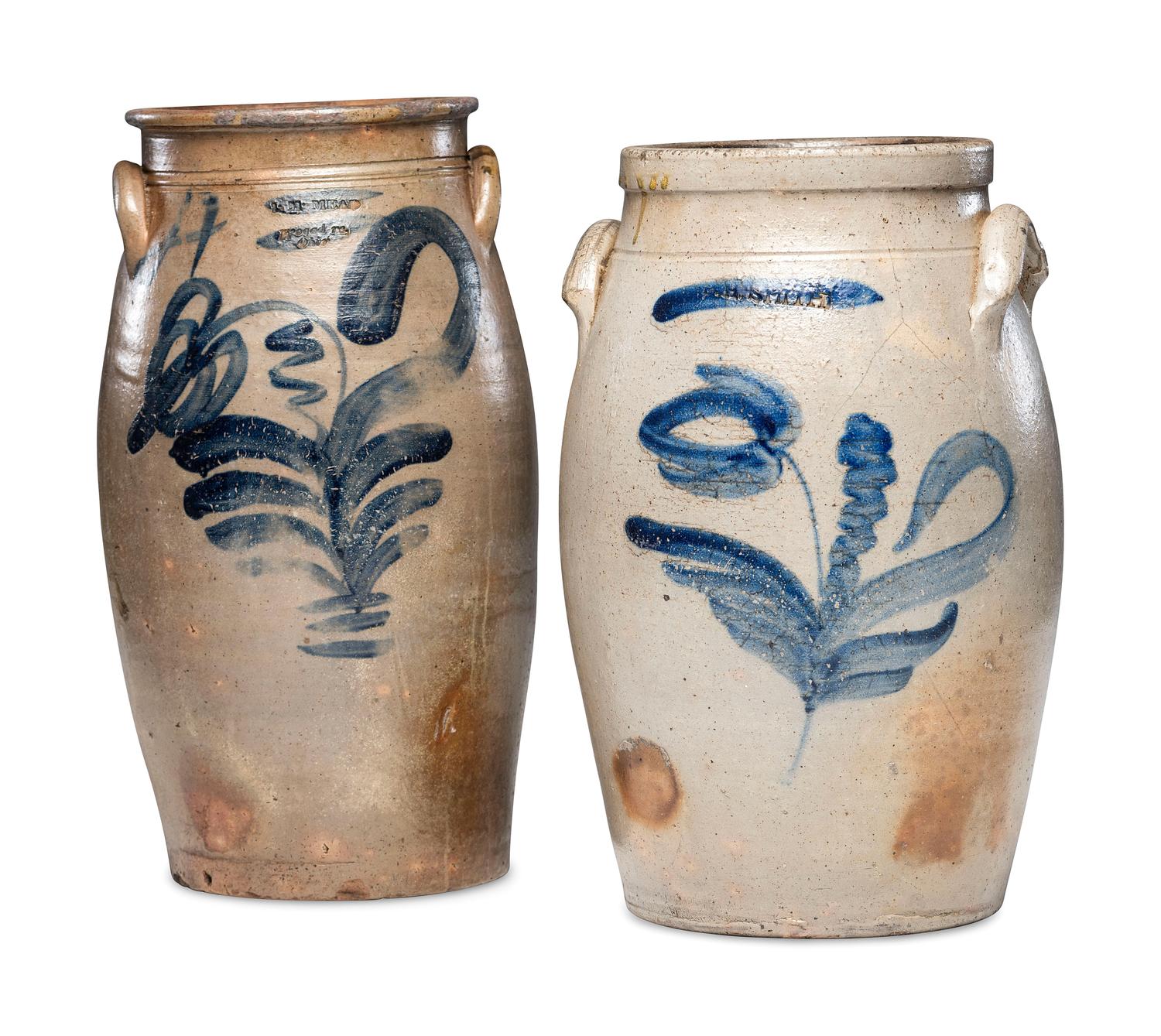 Two Four-Gallon Cobalt Decorated Stoneware Crocks