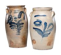 Two Four-Gallon Cobalt Decorated Stoneware Crocks