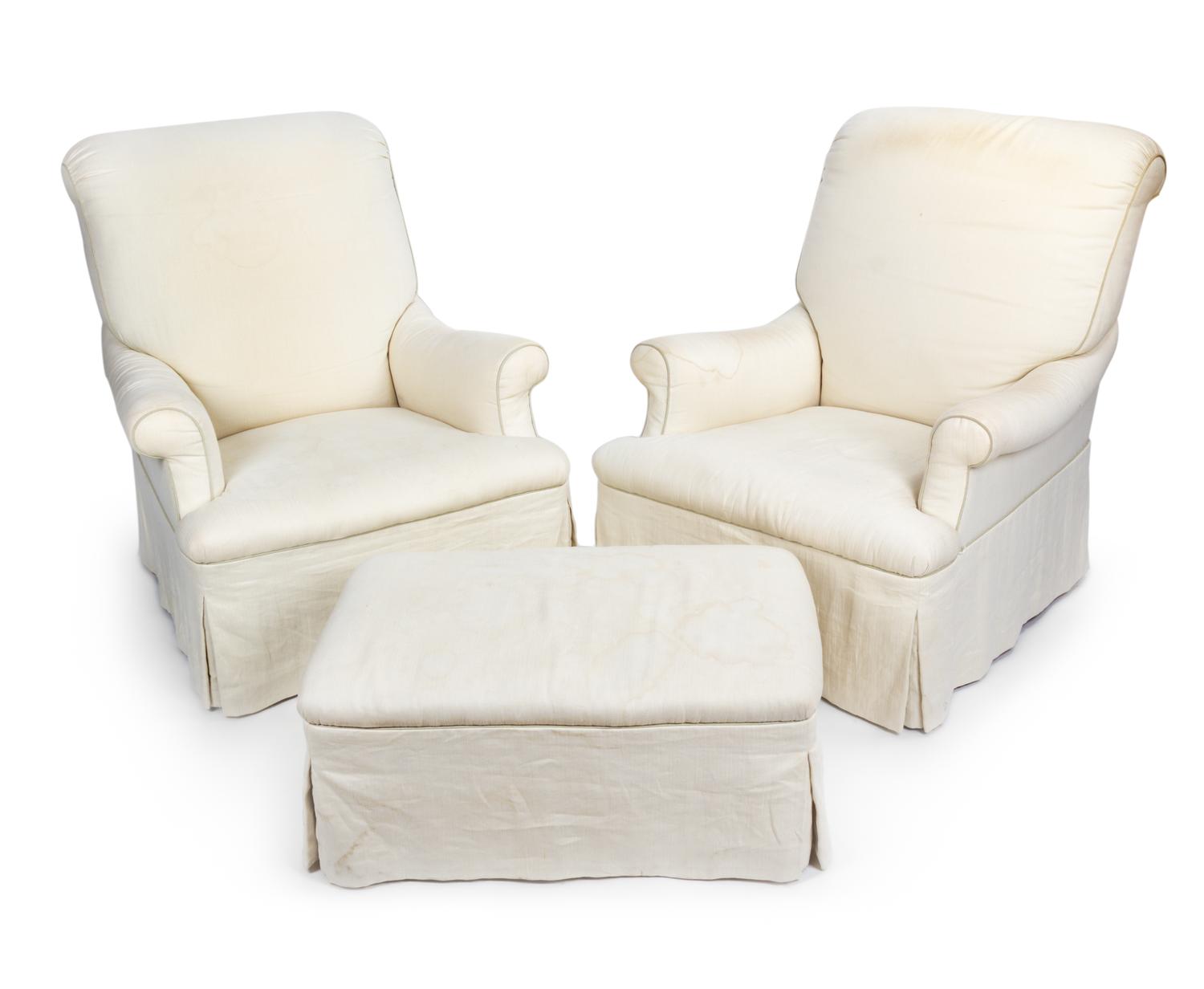 A Pair of White Club Chairs Height of first 35 inches. — 20TH CENTURY