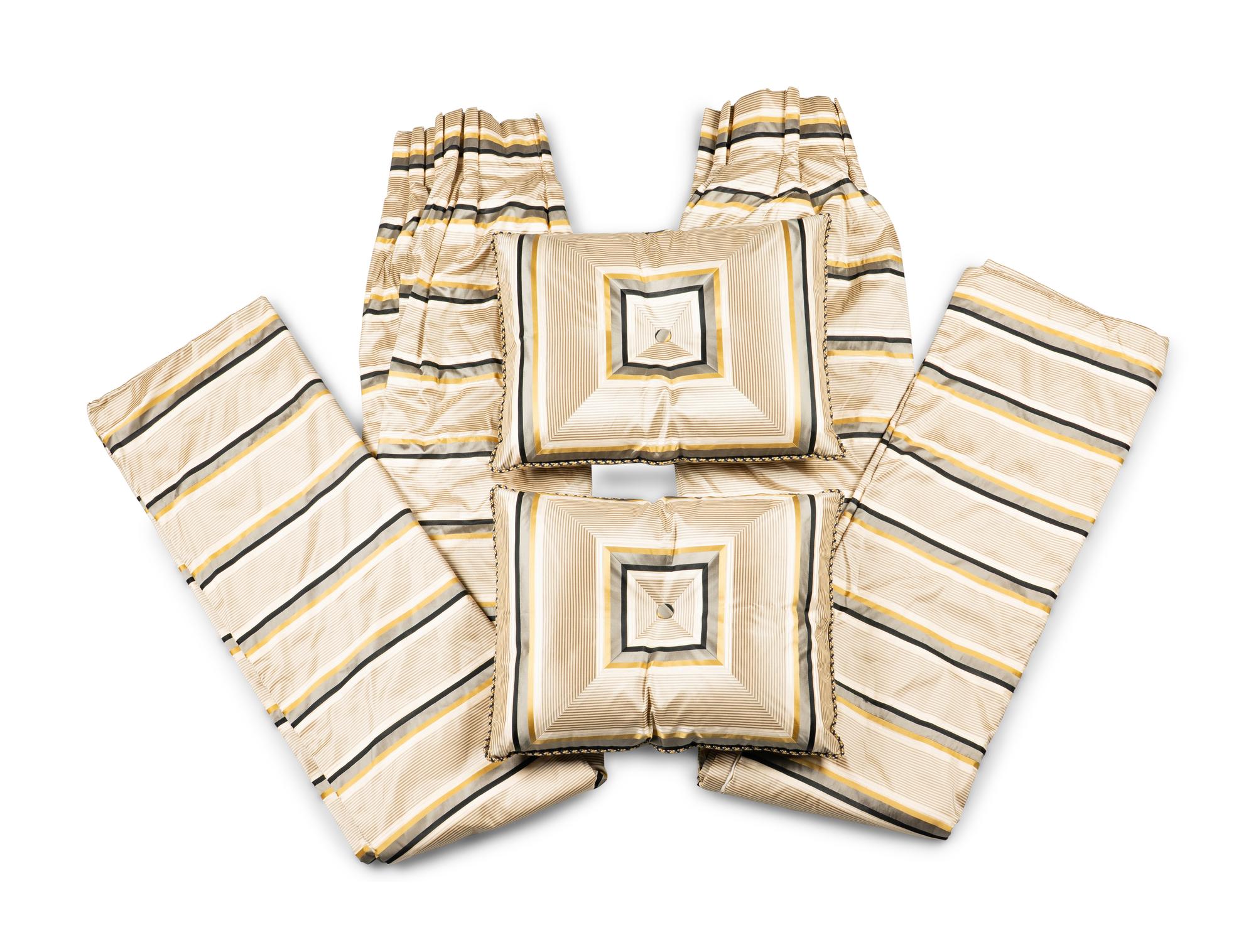 A Pair of Noblis Silk Upholstered Custom Throw Pillows and a Pair of Custom Curtain Panels