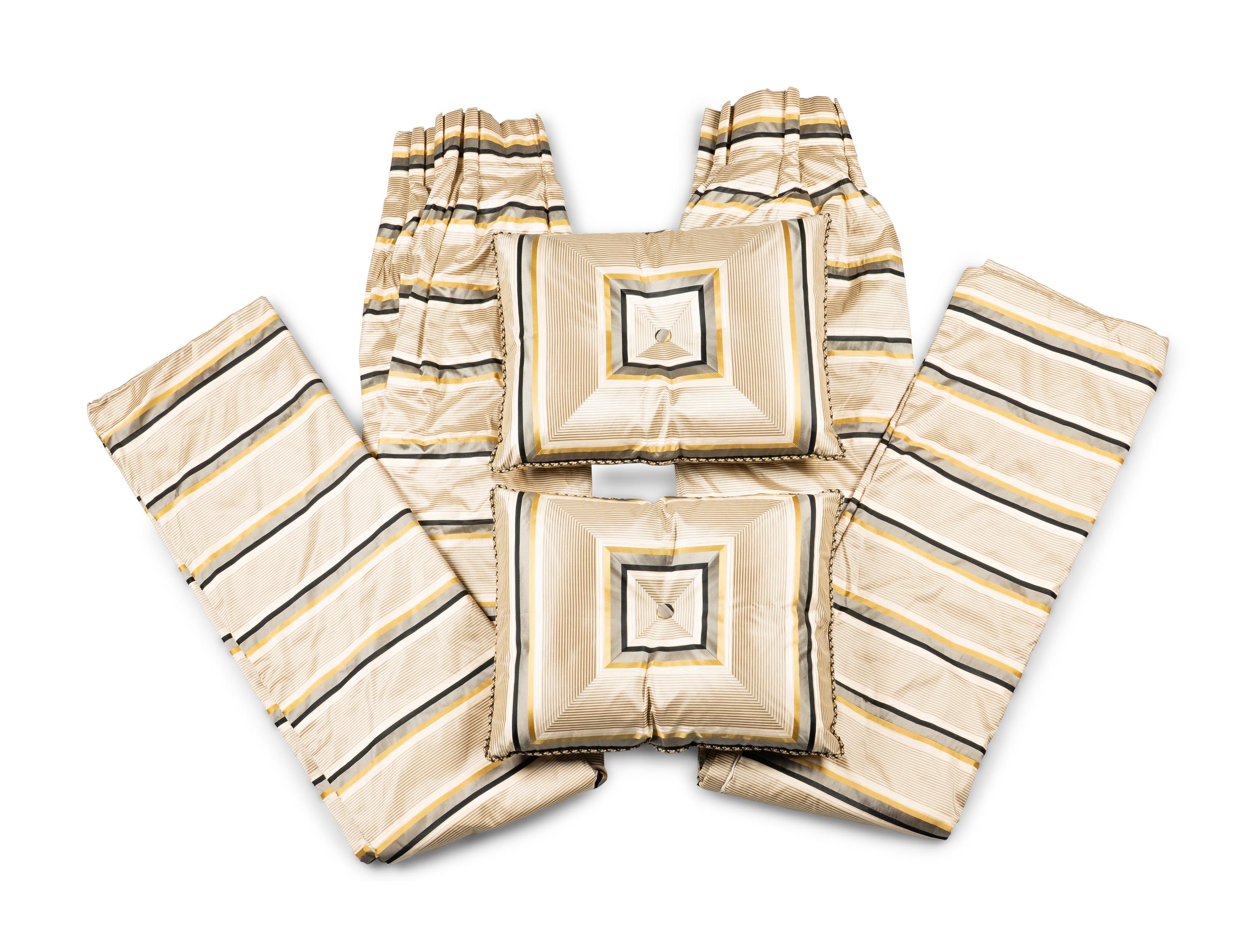 A Pair of Noblis Silk Upholstered Custom Throw Pillows and a Pair of Custom Curtain Panels