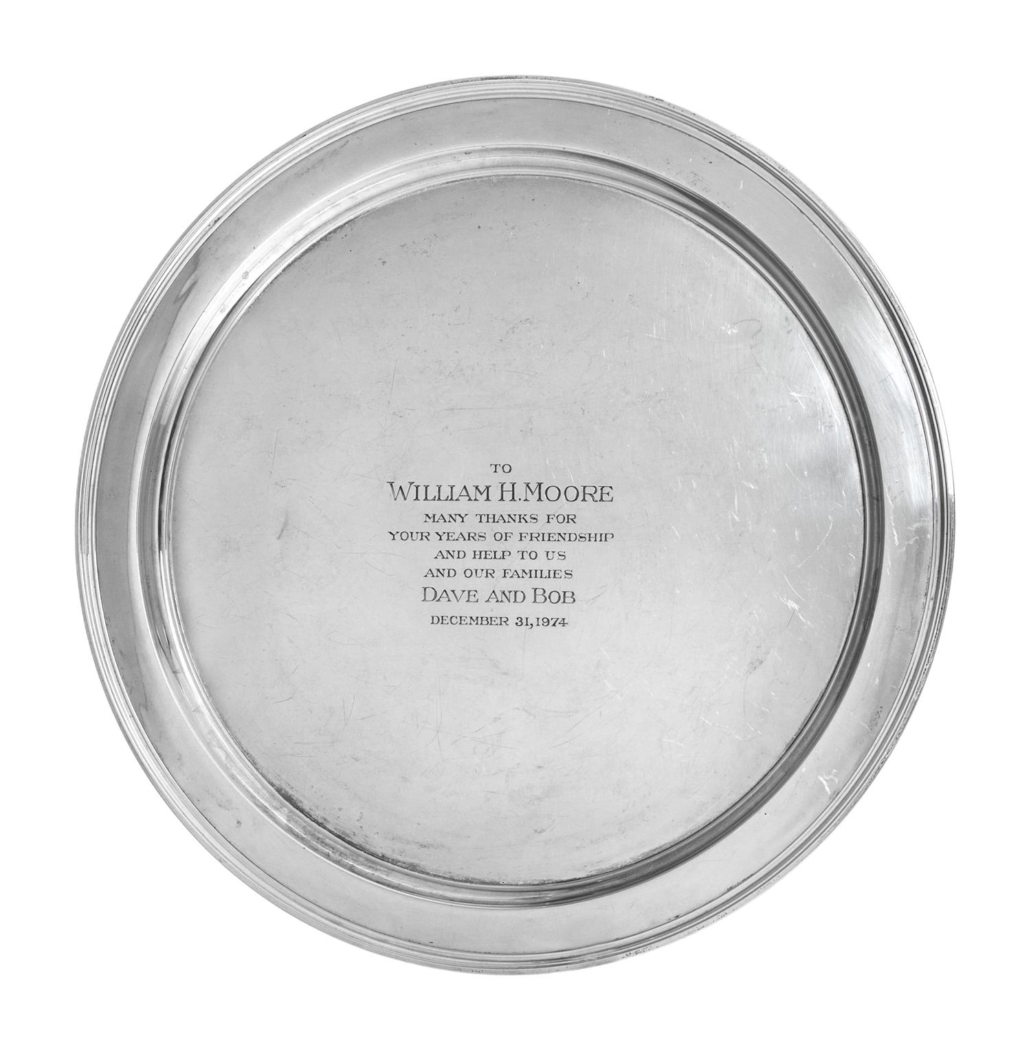 An American Silver Presentation Plate, Tiffany & Co., New York, NY, circular, with an applied reeded border, engraved at the center.