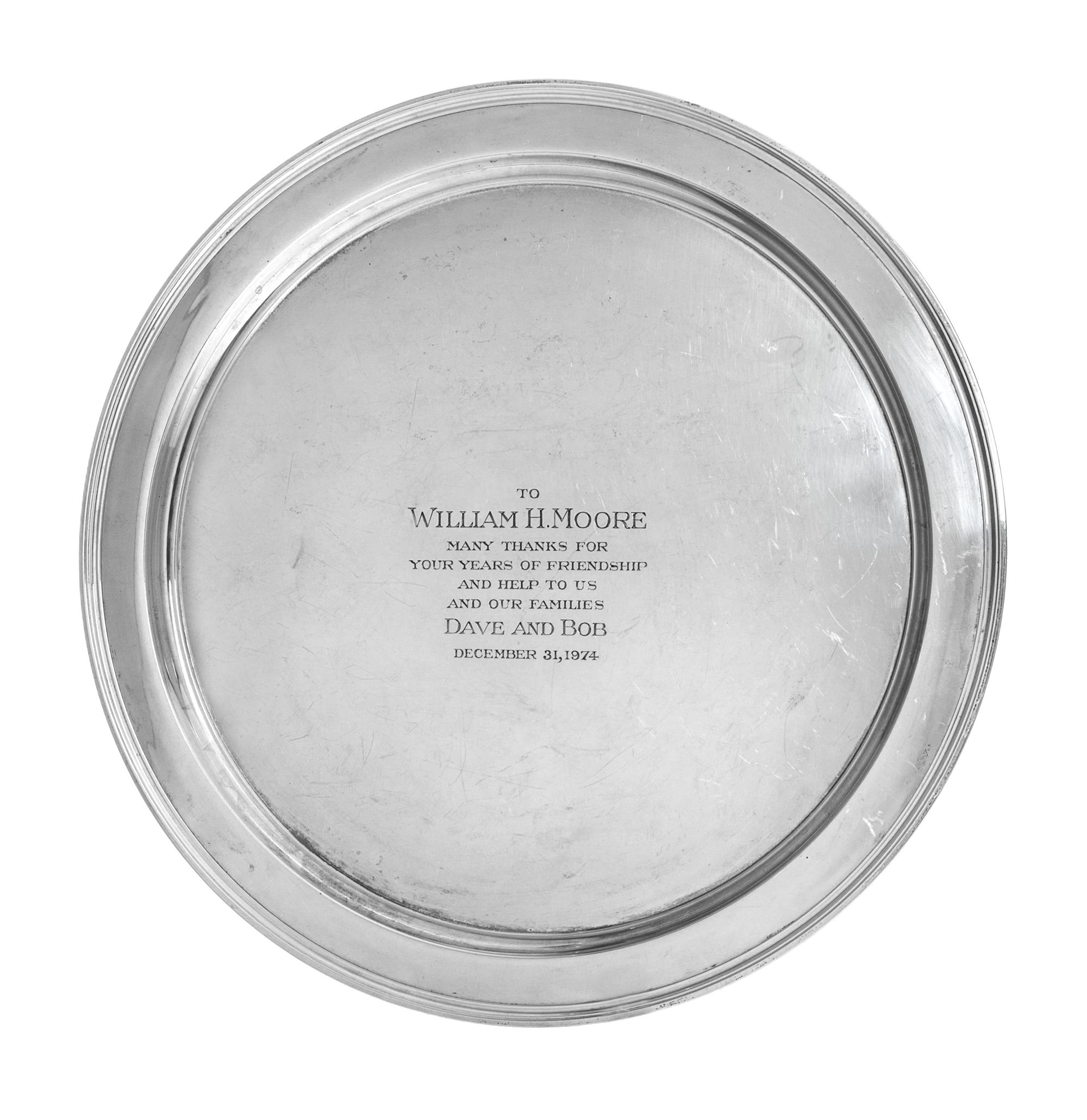 An American Silver Presentation Plate, Tiffany & Co., New York, NY, circular, with an applied reeded border, engraved at the center.