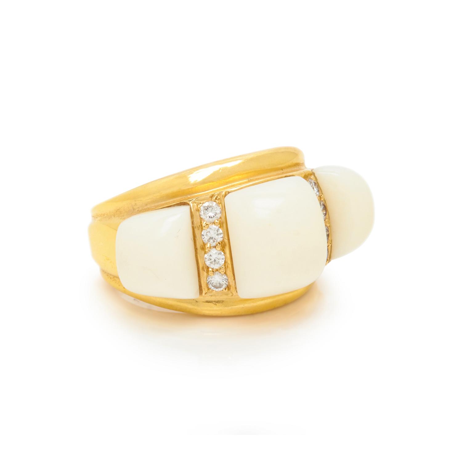 YELLOW GOLD, WHITE CORAL, AND DIAMOND RING