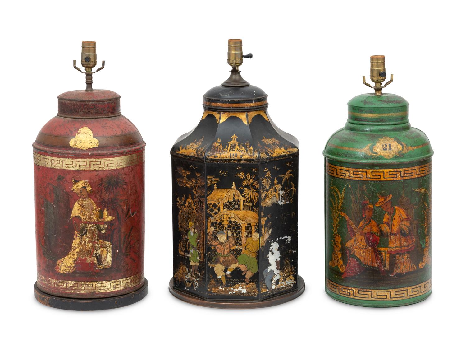 A Group of Three English Painted Tole Chinoiserie Tea Canisters