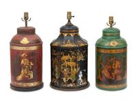 A Group of Three English Painted Tole Chinoiserie Tea Canisters