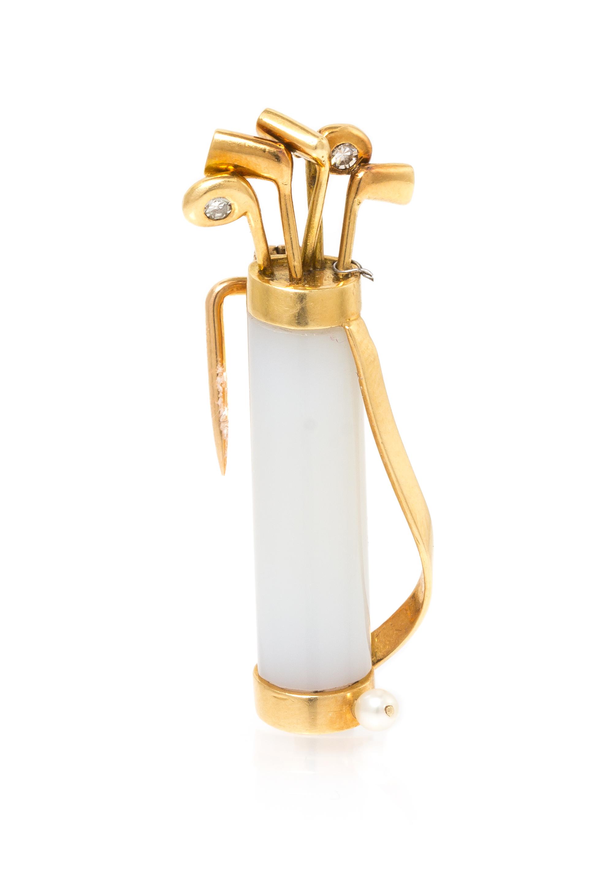 An 18 Karat Yellow Gold, Chalcedony, Diamond and Pearl Golf Club Brooch, Cartier, France, 6.10 dwts.