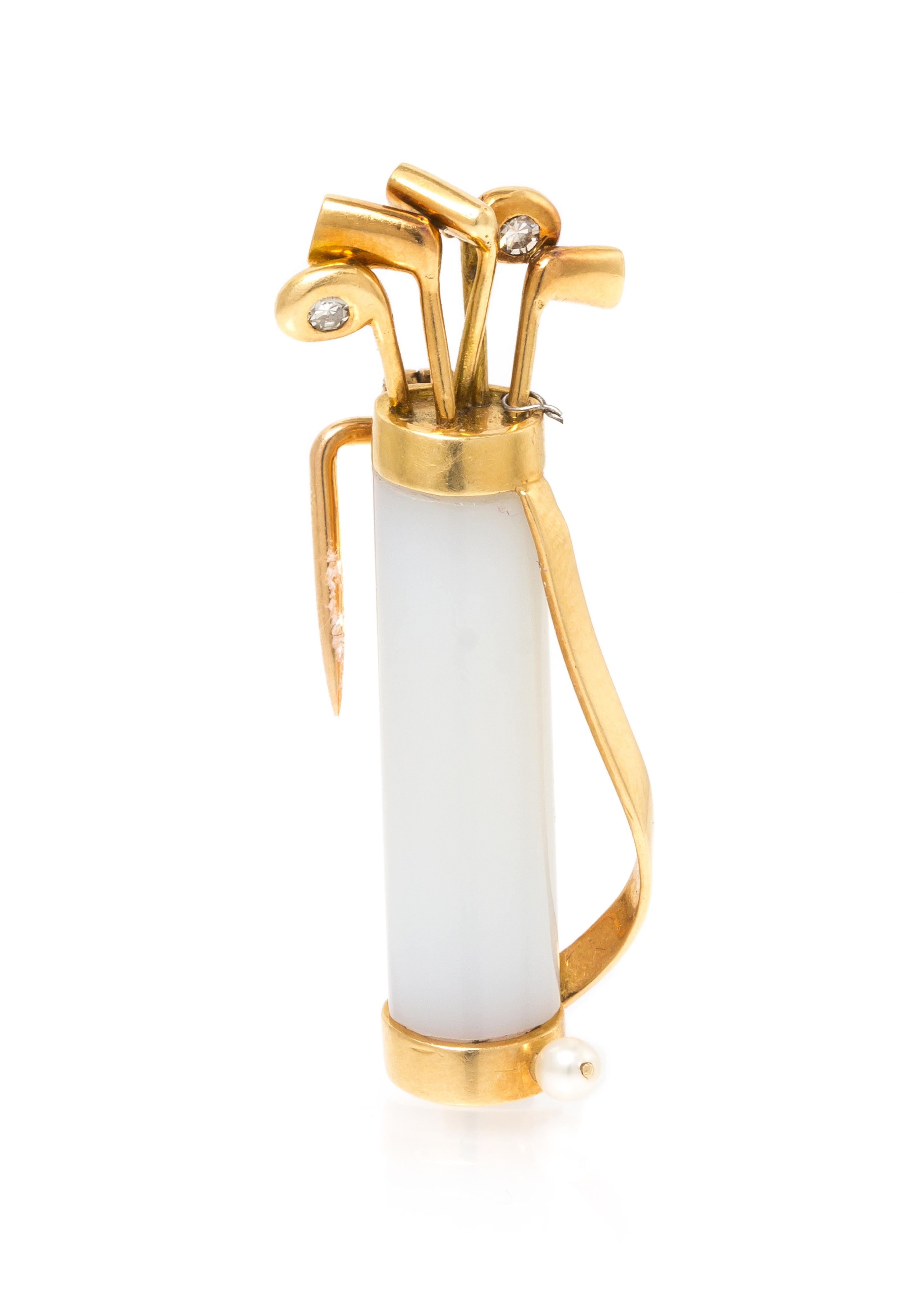 An 18 Karat Yellow Gold, Chalcedony, Diamond and Pearl Golf Club Brooch, Cartier, France, 6.10 dwts.