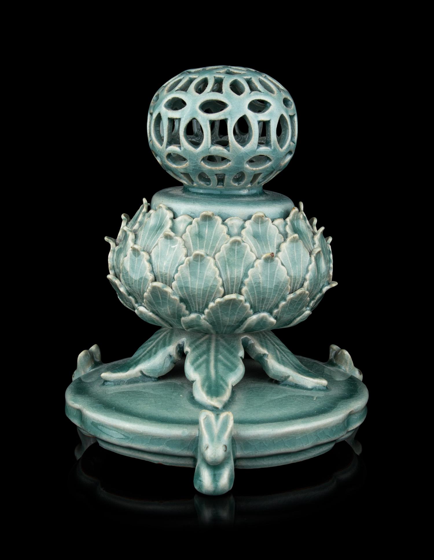 A Korean Celadon Glazed Porcelain 'Lotus' Incense Burner