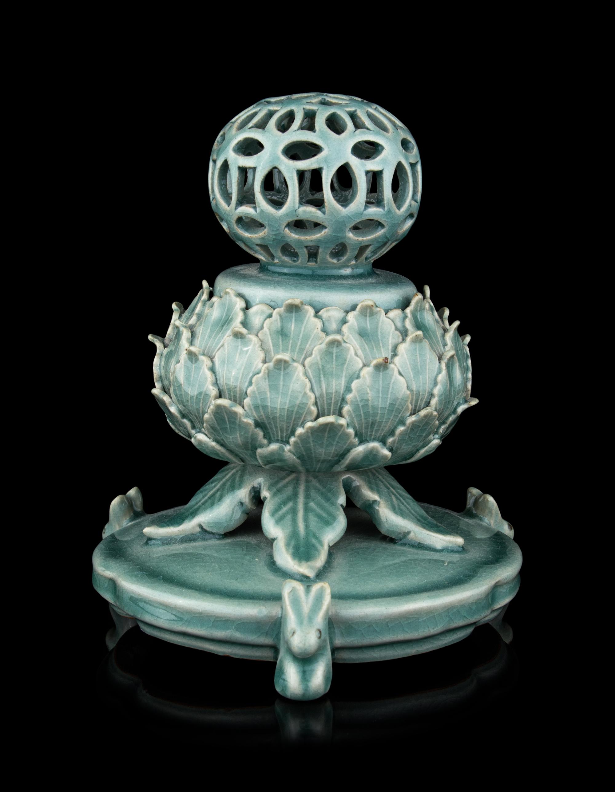 A Korean Celadon Glazed Porcelain 'Lotus' Incense Burner