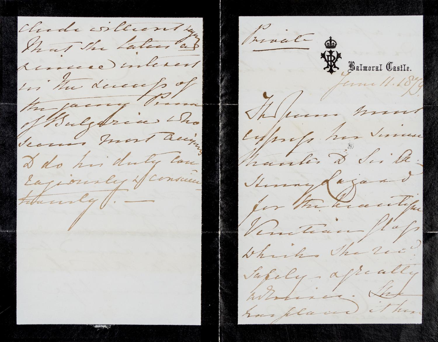 VICTORIA, Queen of England. Autographed letter written in the third person ("The Queen", four times), Balmoral Castle, 11 June 1879.