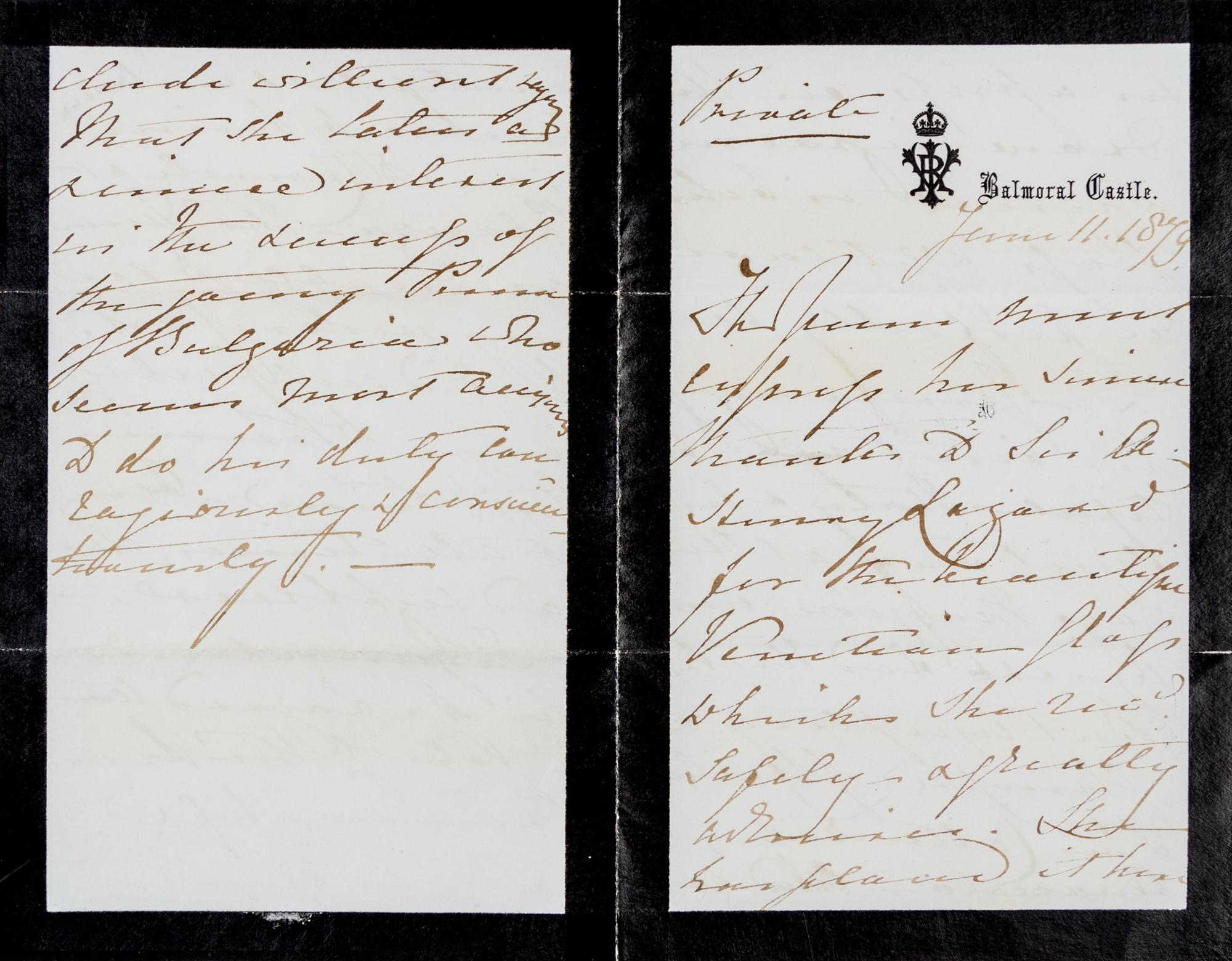 VICTORIA, Queen of England. Autographed letter written in the third person ("The Queen", four times), Balmoral Castle, 11 June 1879.