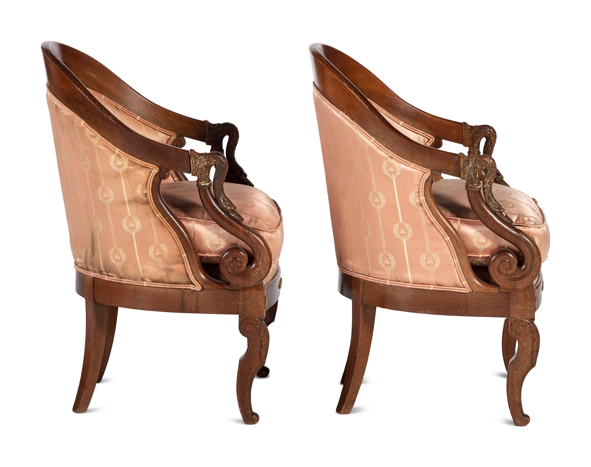A Pair of Empire Style Silk Upholstered Armchairs