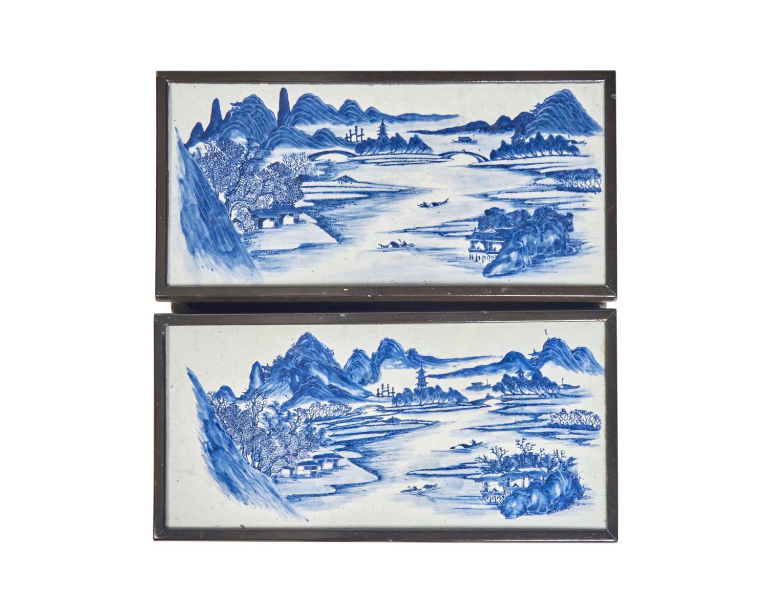 A Pair of Chinese Export Hard Wood Low Tables Inset with Blue and White Porcelain Panels