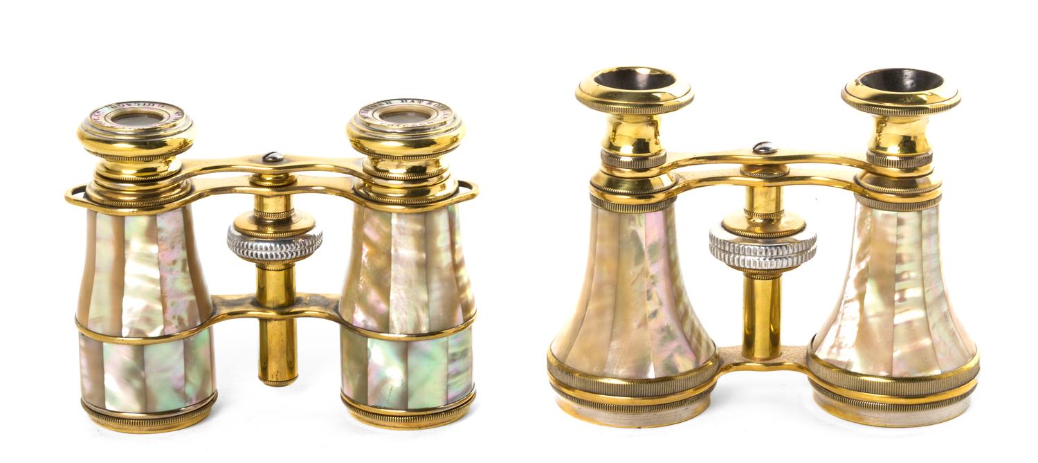 Two Pairs of Mother-of-Pearl Veneered Opera Glasses, Width of first 3 3/4 inches.