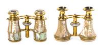Two Pairs of Mother-of-Pearl Veneered Opera Glasses, Width of first 3 3/4 inches.