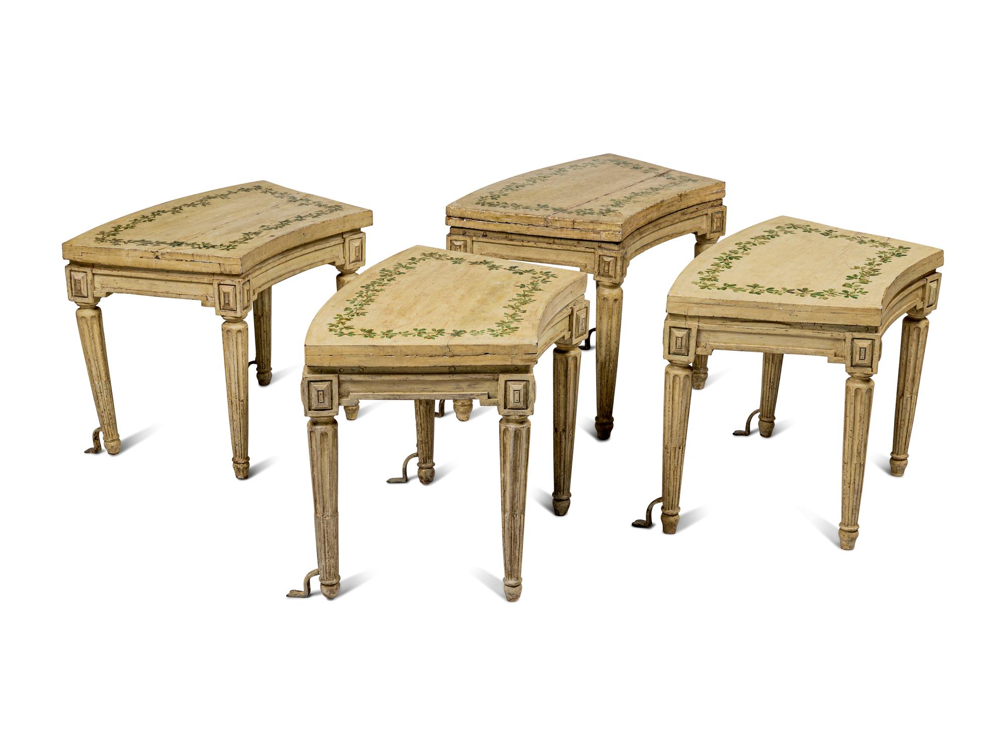 A Set of Four Louis XVI Cream and Polychrome Decorated Curved Window Benches