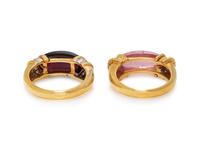 PAIR OF YELLOW GOLD AND MULTIGEM RINGS