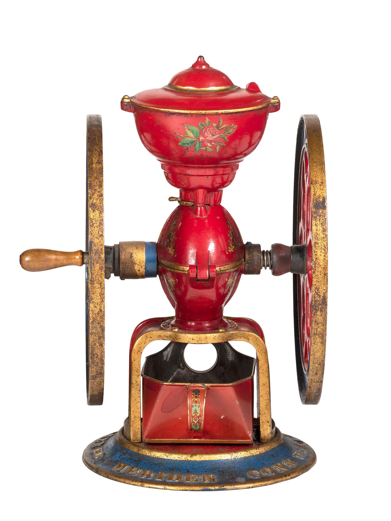 A Charles Parker No. 700 Painted and Parcel Gilt Double-Wheeled Cast Iron Coffee Mill